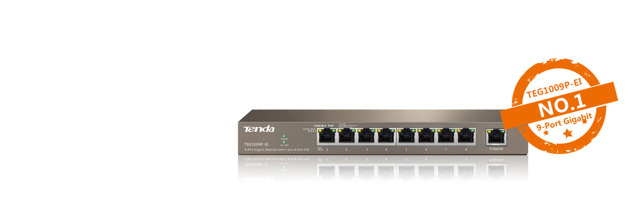 Front view of the Tenda TEG1009P-EI Switch. Next to it on the right is a badge with “NO.1” texts in the center